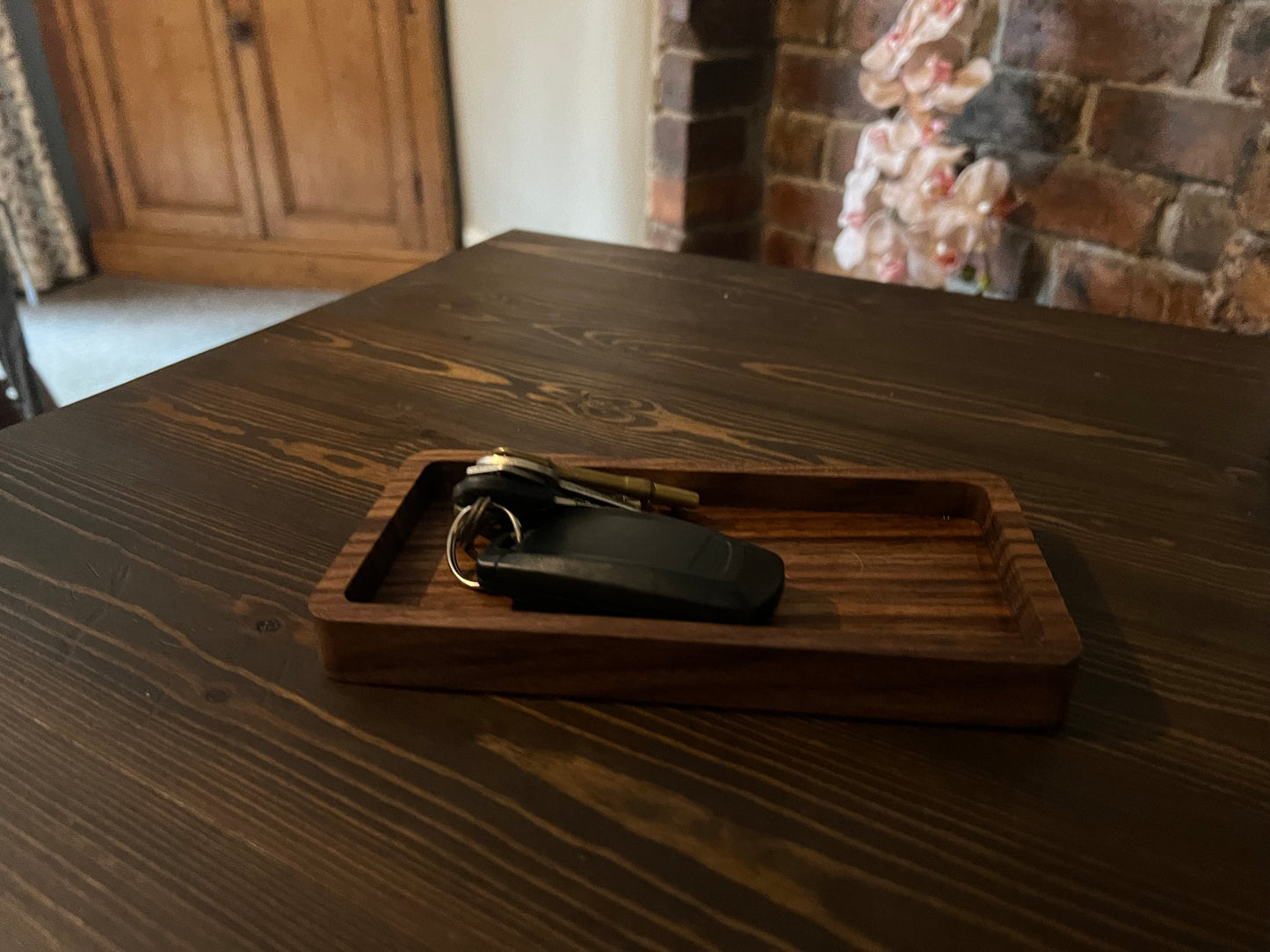 Catch All Tray Wooden desk tray for jewelry, keys, watch, glasses, pens. Rectangle wood tray office desk accessory Walnut & Oak 9cm x 18cm.