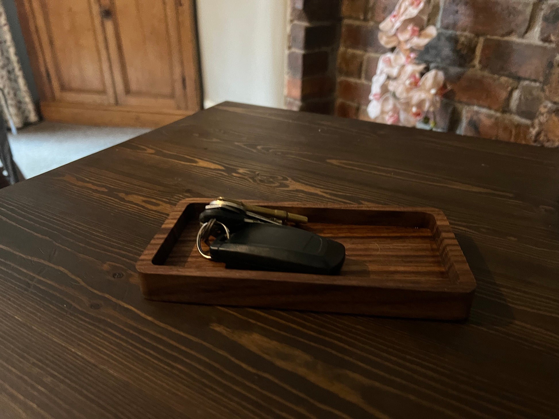 Catch All Tray Wooden desk tray for jewelry, keys, watch, glasses, pens. Rectangle wood tray office desk accessory Walnut & Oak 9cm x 18cm.