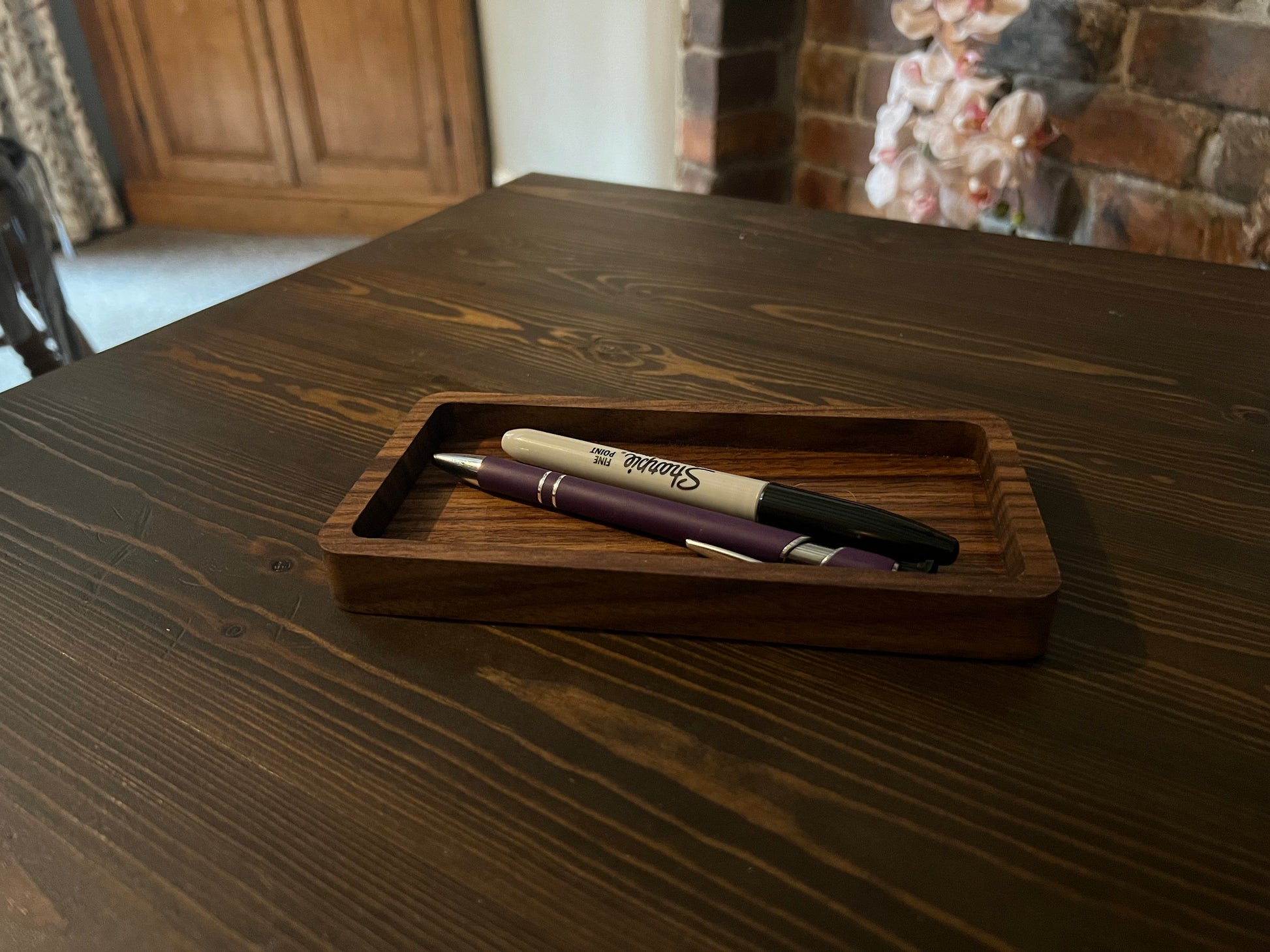 Catch All Tray Wooden desk tray for jewelry, keys, watch, glasses, pens. Rectangle wood tray office desk accessory Walnut & Oak 9cm x 18cm.