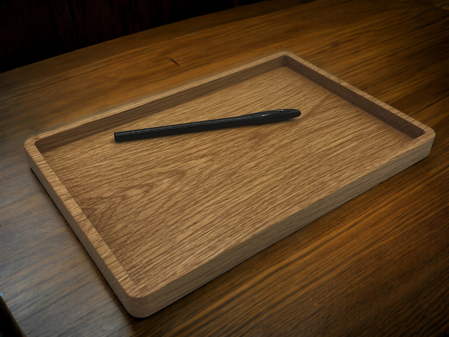 Wooden Desk Tray for Pens, Paperclips, Ear Pods, Pencils etc. Rectangle Wood Tray Office Accessory Catch All Tray in Oak 18cm x 27cm.