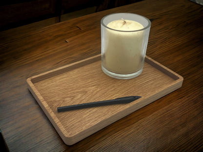 Wooden Desk Tray for Pens, Paperclips, Ear Pods, Pencils etc. Rectangle Wood Tray Office Accessory Catch All Tray in Oak 18cm x 27cm.