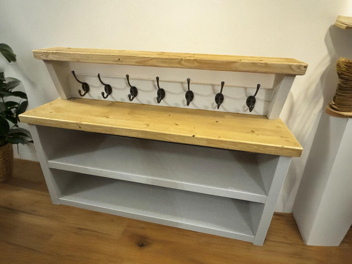 Solid Wooden Handmade Rustic Shoe Rack Farmhouse Style Farrow & Ball Colour Matching Coat Rack Utility Hallway Entrance Porch 30cm Deep